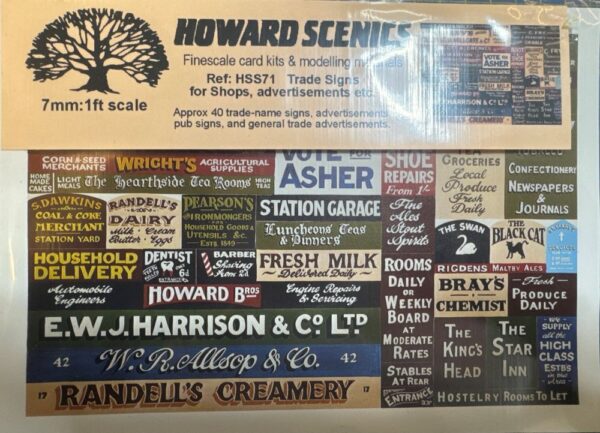 HOWARD SCENICS 7mm: 1 ft Scale Trade Signs for shops/ advetisement (1 Sheets)